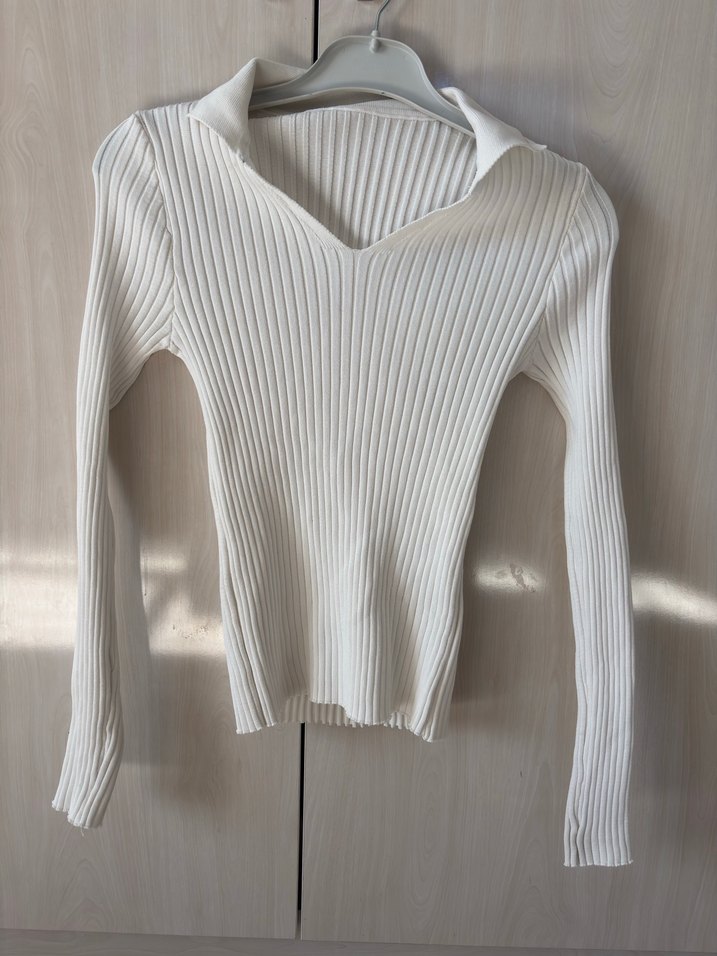 V Yaka Beyaz Triko Kadın Kazak - Görsel 2