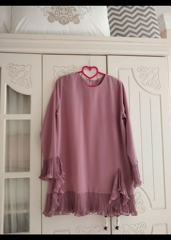 Pembe Uzun Kollu Fırfırlı Kadın Tunik - Görsel 2