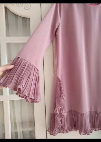 Pembe Uzun Kollu Fırfırlı Kadın Tunik - Görsel 5