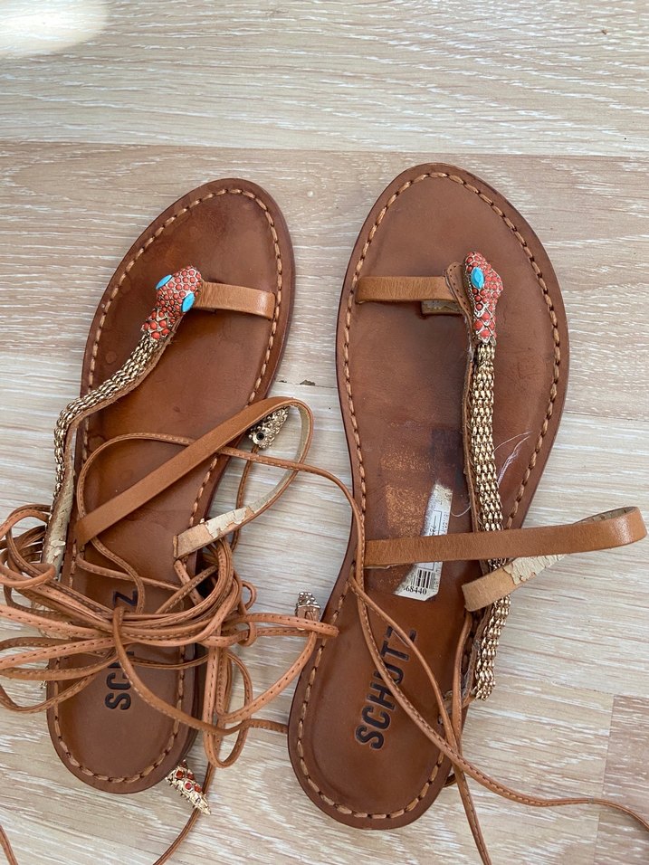 Boncuklu Yılan Desenli Taba Deri düz Sandalet - Görsel 2