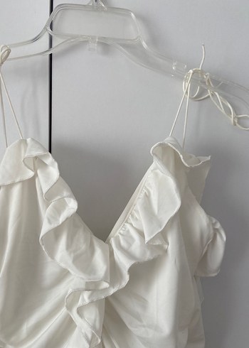 Beyaz Drapeli Midi Straplez Elbise - Görsel 2