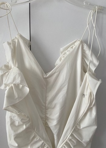 Beyaz Drapeli Midi Straplez Elbise - Görsel 4