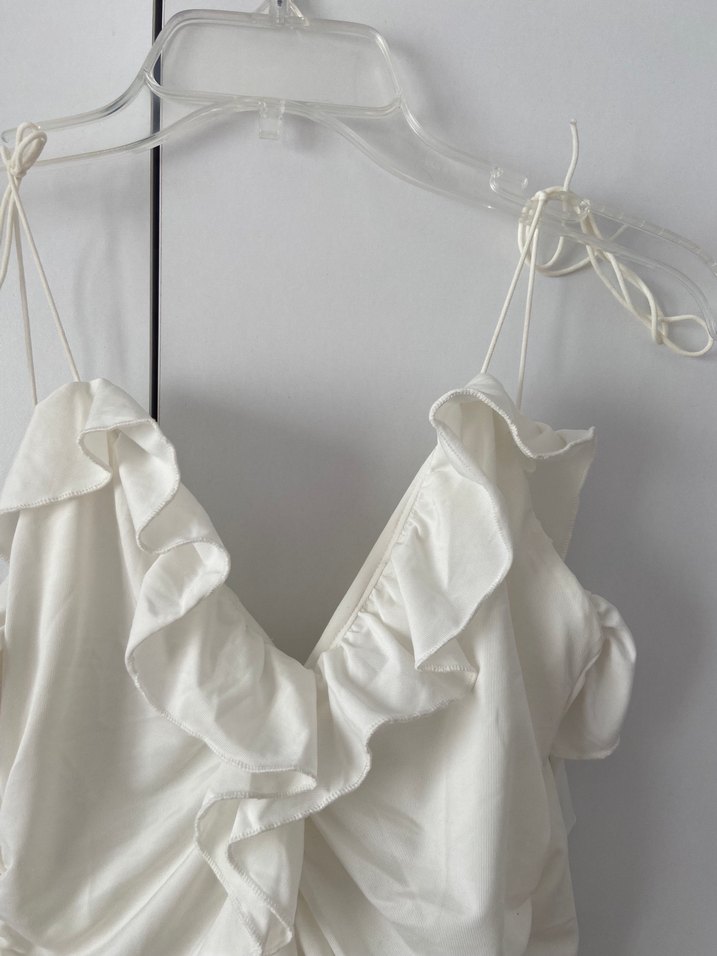 Beyaz Drapeli Midi Straplez Elbise - Görsel 2