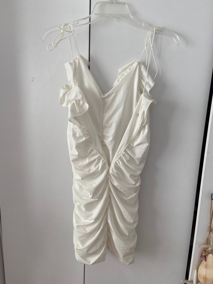 Beyaz Drapeli Midi Straplez Elbise - Görsel 3