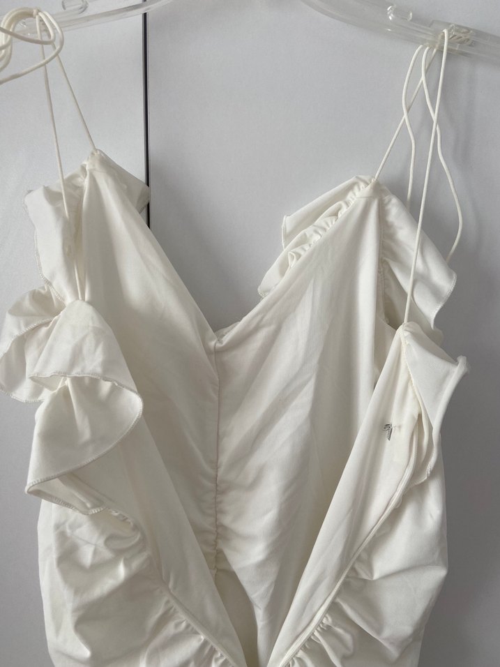 Beyaz Drapeli Midi Straplez Elbise - Görsel 4