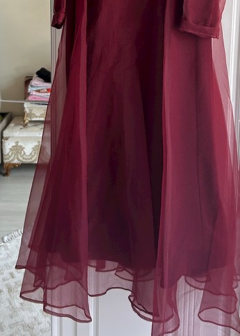 Bordo Uzun Kollu Drapeli Uzun Abiye Elbise - Görsel 3