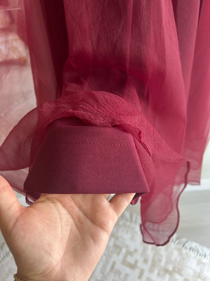 Bordo Uzun Kollu Drapeli Uzun Abiye Elbise - Görsel 4