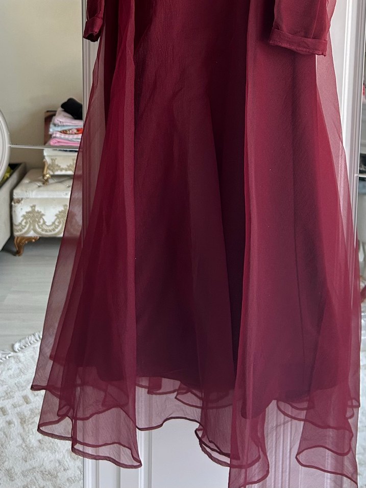 Bordo Uzun Kollu Drapeli Uzun Abiye Elbise - Görsel 3