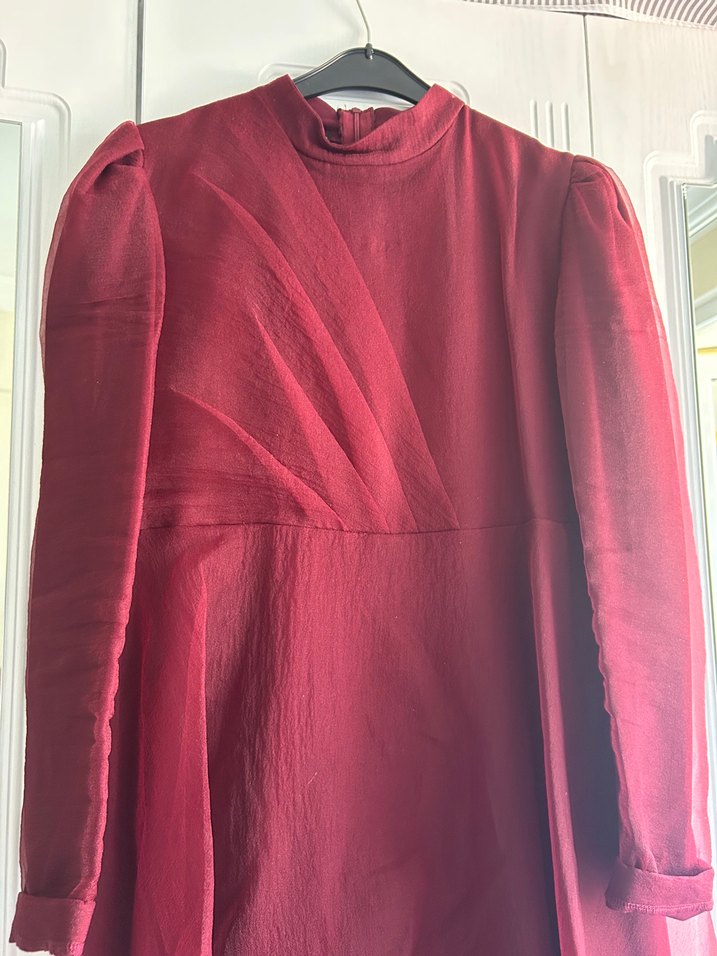 Bordo Uzun Kollu Drapeli Uzun Abiye Elbise - Görsel 2