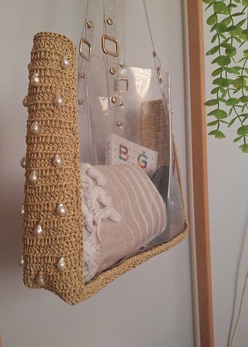  Beden Boncuk Detaylı Bej Örgü Kadın Çanta