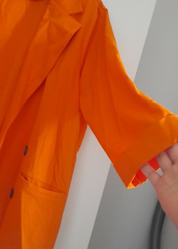 Düğmeli Turuncu Kadın Keten Blazer - Görsel 3