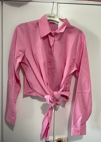 Koton Pembe Bağlamalı Mini Denim Gömlek