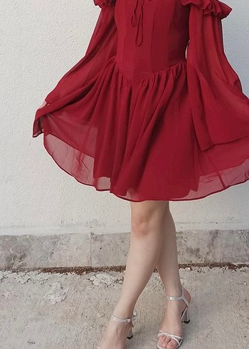 Kırmızı Straplez Midi Elbise
