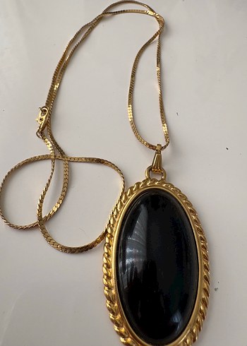 American Vintage Altin Zincirli Siyah Oval Tasli Uzun Kolye Monet