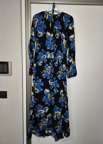Diğer Uzun Kol, Yüksek Yakalı Mavi Batik Elbise