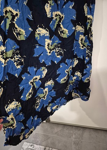 52 Beden Uzun Kol, Yüksek Yakalı Mavi Batik Elbise