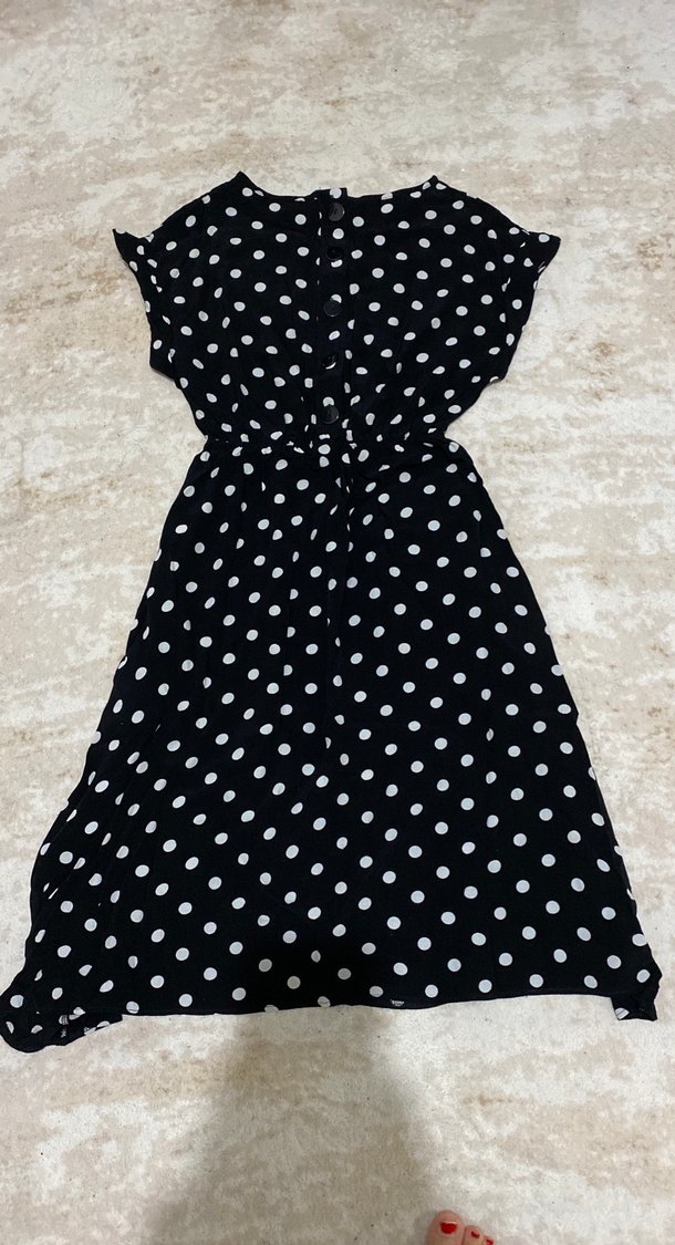 Siyah Puantiyeli midi bisiklet Yaka Elbise - Görsel 3