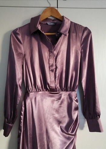 Uzun Kollu V Yaka Midi Saten Elbise - Görsel 9