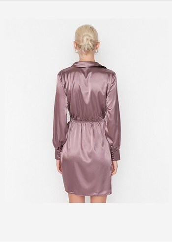 Uzun Kollu V Yaka Midi Saten Elbise - Görsel 6