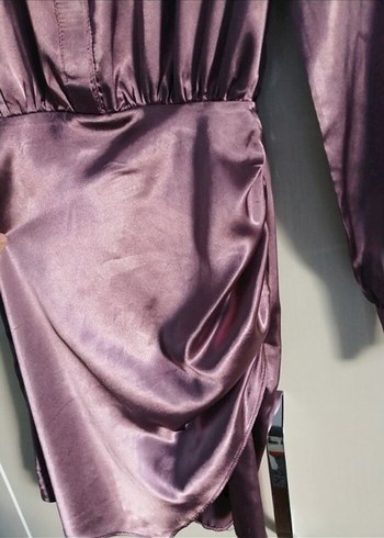 Uzun Kollu V Yaka Midi Saten Elbise - Görsel 8