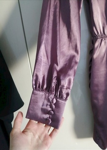 Uzun Kollu V Yaka Midi Saten Elbise - Görsel 4