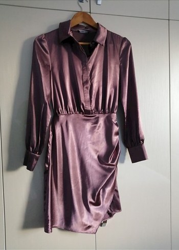 Uzun Kollu V Yaka Midi Saten Elbise - Görsel 5