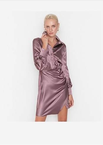 Uzun Kollu V Yaka Midi Saten Elbise - Görsel 3