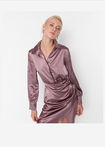 Uzun Kollu V Yaka Midi Saten Elbise - Görsel 2