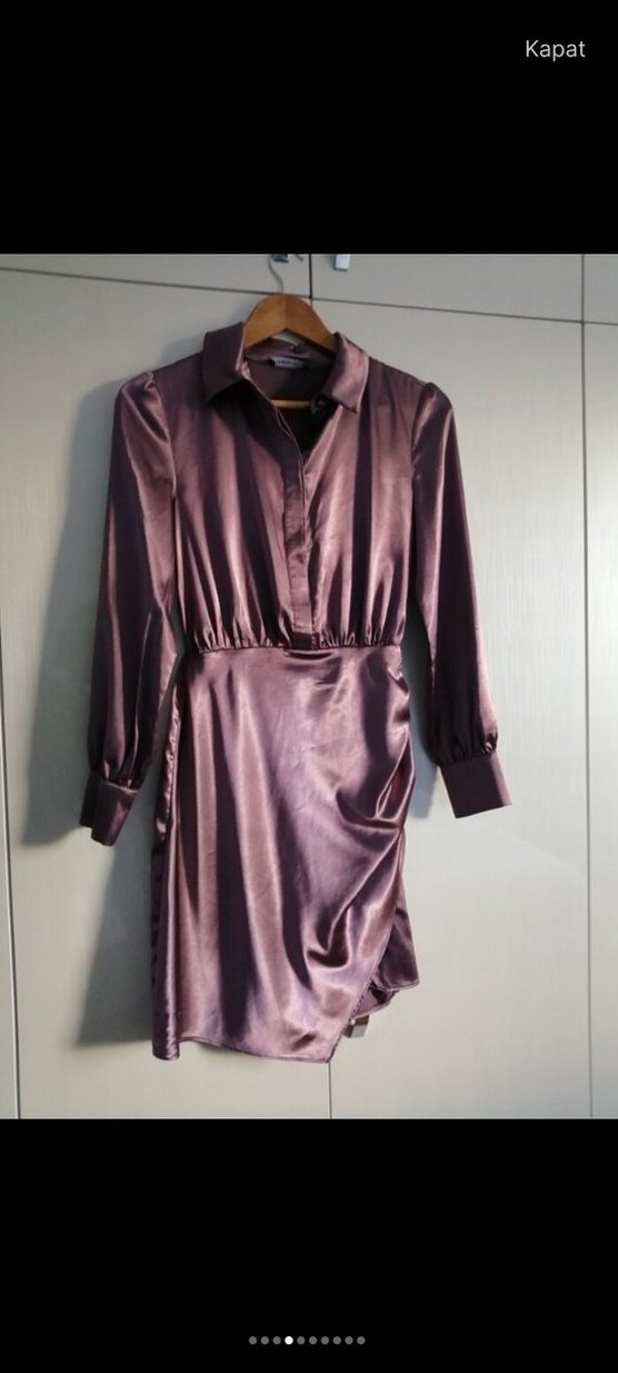 Uzun Kollu V Yaka Midi Saten Elbise - Görsel 5