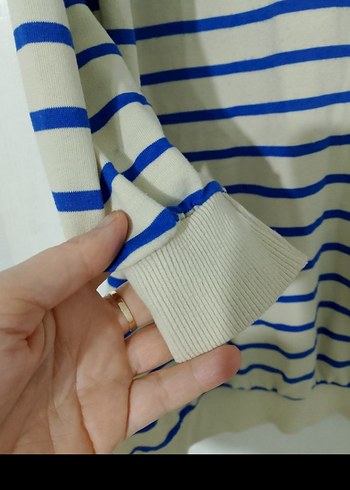 Mavi Çizgili Pamuklu Triko Midi Elbise - Görsel 3