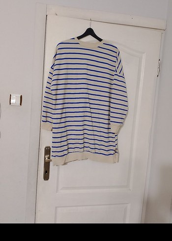 Mavi Çizgili Pamuklu Triko Midi Elbise - Görsel 2