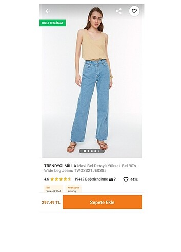 Mavi bel detaylı yüksek bel 90's wide leg jeans