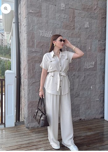 Beyaz Keten Kadın Regular Fit Takım - Görsel 6