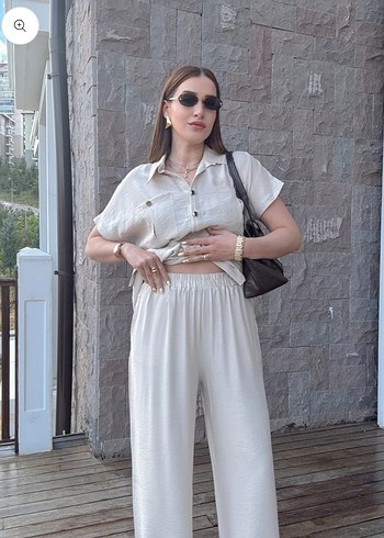Beyaz Keten Kadın Regular Fit Takım - Görsel 5