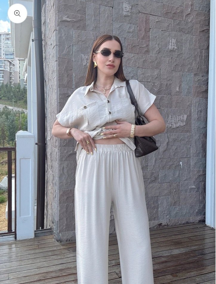 Beyaz Keten Kadın Regular Fit Takım - Görsel 5