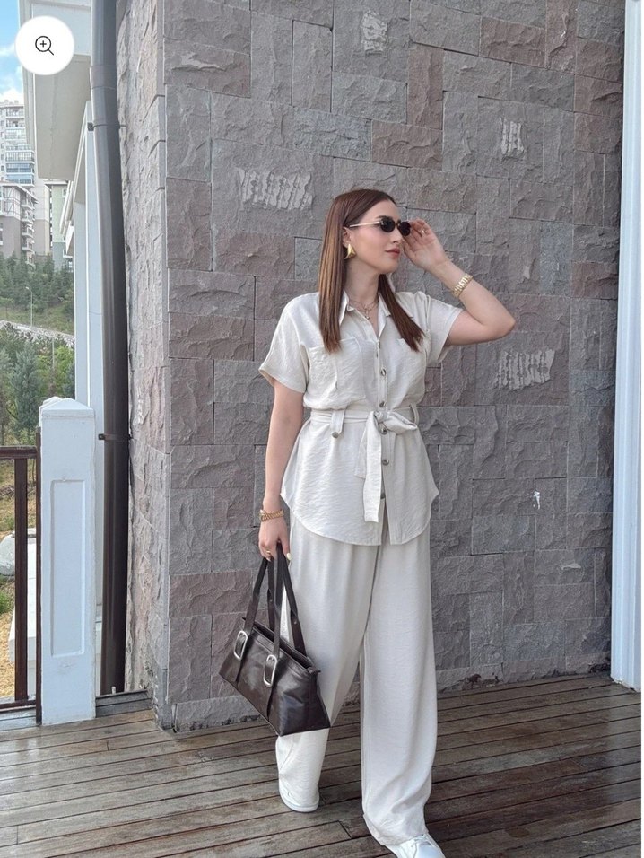Beyaz Keten Kadın Regular Fit Takım - Görsel 4