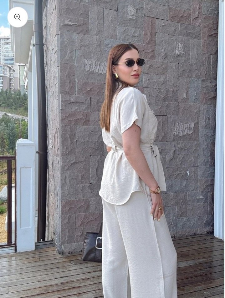 Beyaz Keten Kadın Regular Fit Takım - Görsel 3