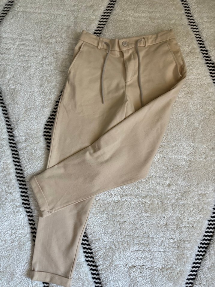 Bej Pamuk Kumaş Rahat Kesim Pantolon - Görsel 2