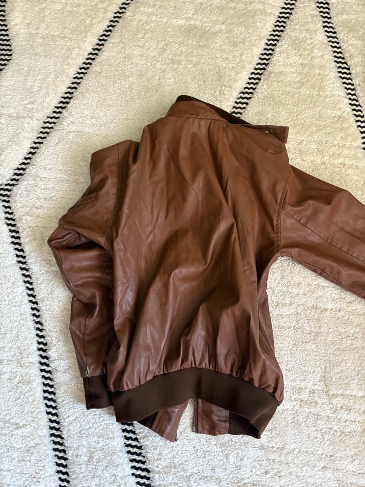 Kahverengi Fermuarlı Kadın Deri Ceket vintage - Görsel 2