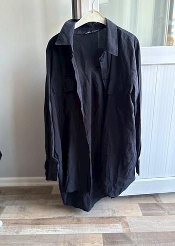 Siyah Uzun Keten Kadın Gömlek zara - Görsel 2