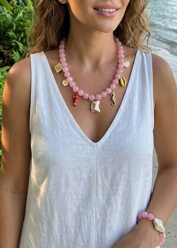 Zara Pastel Pembe Boncuklu Deniz Temali Kolye Bileklik Seti