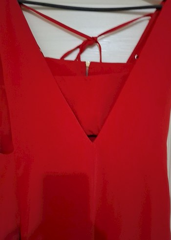 Kırmızı V Yakalı Uzun Salaş Abiye Elbise - Görsel 2