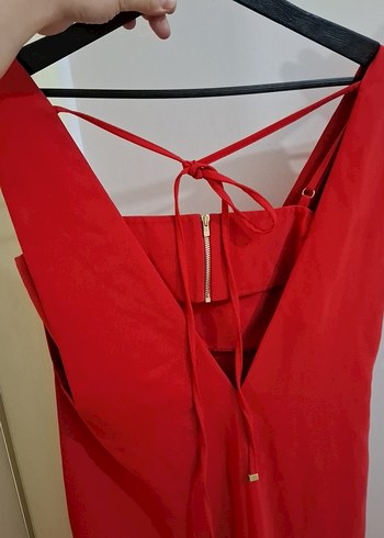 Kırmızı V Yakalı Uzun Salaş Abiye Elbise - Görsel 5