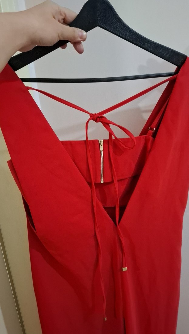 Kırmızı V Yakalı Uzun Salaş Abiye Elbise - Görsel 5