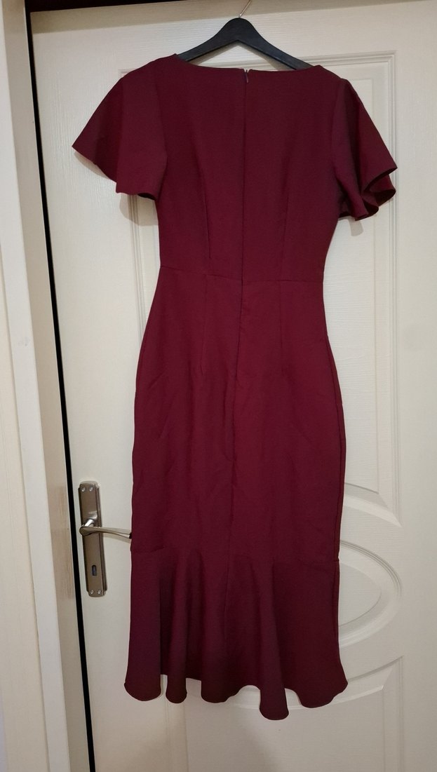 Bordo Drapeli Kısa Kollu Uzun Elbise - Görsel 3