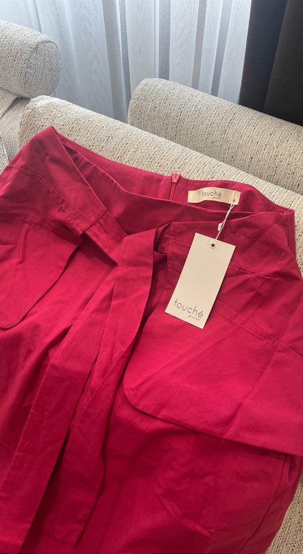 Drapeli Kırmızı Uzun Kadın Etek - Görsel 3