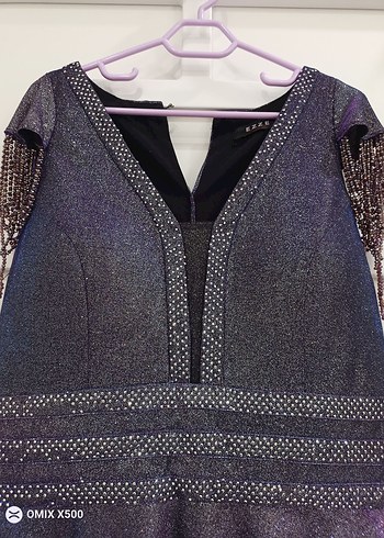 Mor V Yakalı Uzun Abiye Elbise - Görsel 2