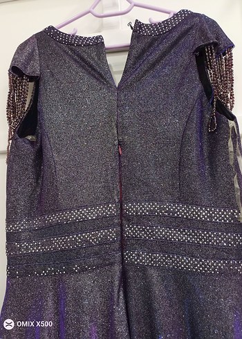 Mor V Yakalı Uzun Abiye Elbise - Görsel 3