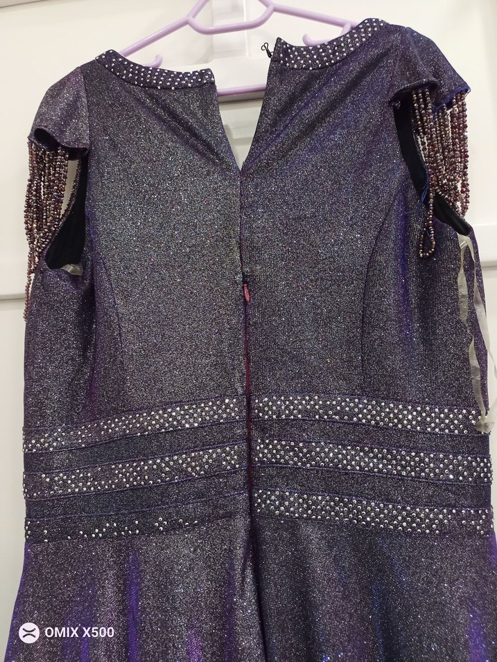 Mor V Yakalı Uzun Abiye Elbise - Görsel 3