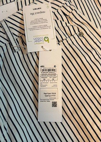 Koton Kadın Beyaz Çizgili Pilili kot Pantolon